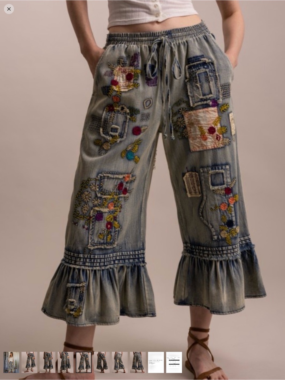 Embroidered Ruffle-Hem Crop Pants - Gray with Multicolor Floral Accents